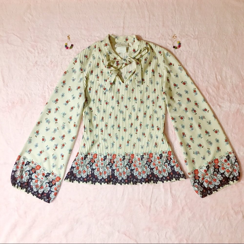 Vintage 1960s Floral Pleated Bow Blouse
